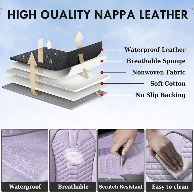 Coverado Car Seat Covers, Front Seat Cover, Waterproof Nappa Leather Seat Covers for Cars, Driver Car Seat Protectors, Gray and Purple Automotive Seat Covers Universal Fit for Most Cars