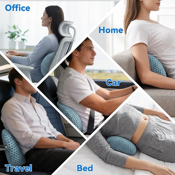 Lumbar Support Pillow, Memory Foam Lumbar Pillow for Office Chair and Car Seat, Back Pillow for Lower Back Pain Relief, Back Support Pillow for Sitting, Driving, Traveling (Blue)