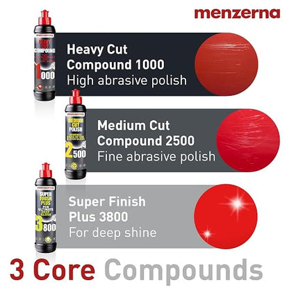 menzerna Polishing Set 8oz – HCC1000, MCC2500 & SFP3800 | 3-Step System incl. 3 Matching 6-Inch Pads & 3 Matching Microfiber Towels for Scratch Removal, Swirl Elimination & Mirror-Like Finish