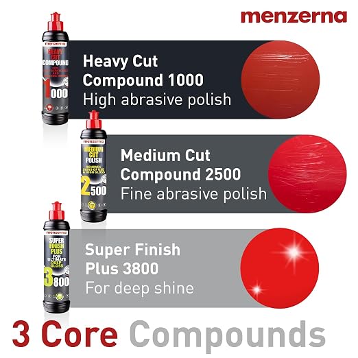 menzerna Polishing Set 8oz – HCC1000, MCC2500 & SFP3800 | 3-Step System incl. 3 Matching 6-Inch Pads & 3 Matching Microfiber Towels for Scratch Removal, Swirl Elimination & Mirror-Like Finish