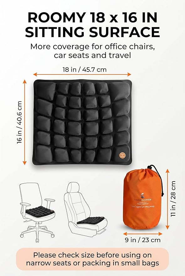 Inflatable Travel Seat Cushion with Built‑in Manual Pump, Adjustable Firmness & Compact Storage –Firm Support for Airplane, Car & Office Chairs, Large Generous Fit 18x16x2.1", Carry Bag Included