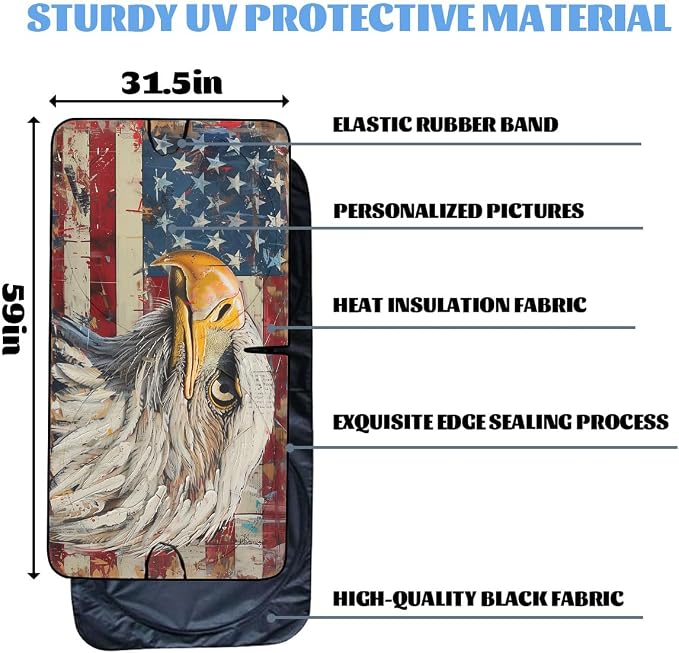 Bald Eagle American Flag Car Windshield Sunshade Folding, UV Rays Sun Shade Visor Protector, Universal Fit for SUV, Truck, Sedan, Easy to Install and Remove