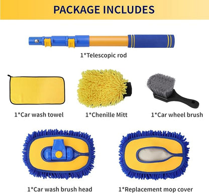5PCS Car Wash Brush with Long Handle, 15°Curved Car Cleaning Brush with Replaceable Head Cover, Truck Washing Brushwith Telescopic Handle Wash Mop Kit (Blue)