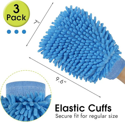 3 Pack Chenille Microfiber Car Wash Mitt, 7" x 9.6" Car Washing Mitts, Home Dusting Gloves, Scratch Free Lint-Free, Highly Absorbent, Double Sided, for Cleaning Detailing Polish (Blue)
