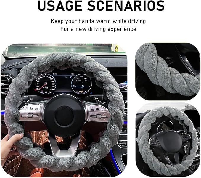 KVAEY Fluffy Car Steering Wheel Cover, 15 Inches Anti-Slip Round Fuzzy Winter Steering Wheel Protector, Soft Warm Plush Steering Wheel Cover for Women Girls, Car Accessories (Gray, Round)