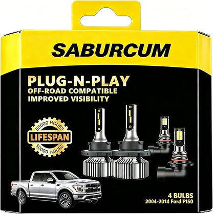 2004-2014 Ford F150 Hi-Lo Beam&Fog Light Bulbs Combo,6000K,40000LM | H13(9008)/9145 Lights, f-150 off-road high low bulb, super bright, DIY Replacement, Plug and Play, Pack of 4