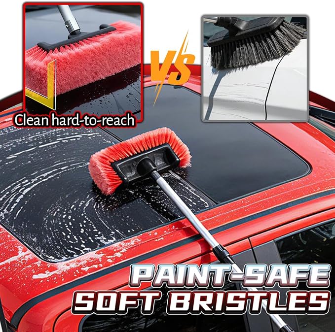 65 Inch Car Wash Brush with Long Handle, Universal Garden Hose Adapter Included, Flow-Thru Extension Pole for Truck RV Camper Roof, Soft Bristle Aluminum Cleaning Tool, Red