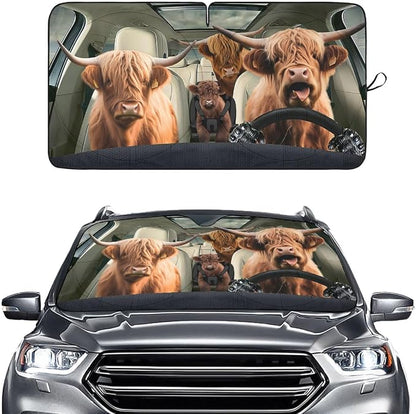 GENANY Highland Cow Family Funny Windshield Sun Shade for Car SUV Truck (55x29 Inches), Automobile Sunshade, Protector Blocks UV, Car Accessories, Auto Decor