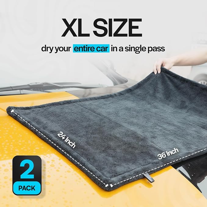 Crystal Clean 2-Pack 1300GSM Microfiber Towels for Cars – XL (24 x 36 inch) Car Drying Towel with Double Twisted Loop, Detailing Towels for Cars - Quick Dry, Paint Safe & Swirl-Free