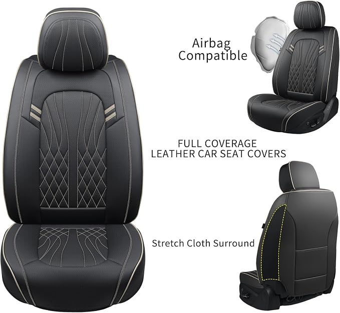 MINGBRON Leather Car Seat Covers 5 Pieces, Full Set Universal Seat Covers for Cars, Waterproof Nappa Leather Auto Seat Protectors, Black Car Seat Cover Most Sedans SUV Pick-up Truck Black&BeigeLine
