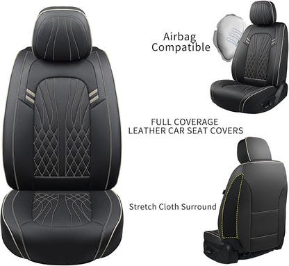 MINGBRON Leather Car Seat Covers 5 Pieces, Full Set Universal Seat Covers for Cars, Waterproof Nappa Leather Auto Seat Protectors, Black Car Seat Cover Most Sedans SUV Pick-up Truck Black&BeigeLine