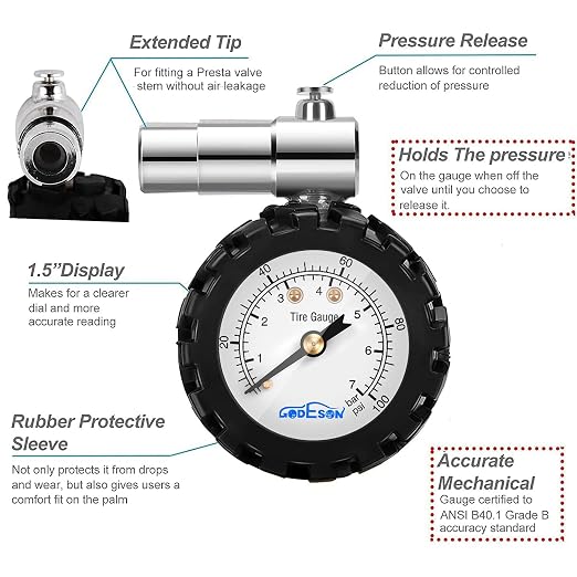 Presta Valve Gauge, GODESON Analog Presta Valve Bicycle Tire Pressure Gauge,100PSI/7Bar, Suitbale for Hybrid Bike Tire Inflation Range
