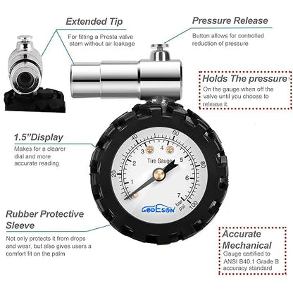 Presta Valve Gauge, GODESON Analog Presta Valve Bicycle Tire Pressure Gauge,100PSI/7Bar, Suitbale for Hybrid Bike Tire Inflation Range