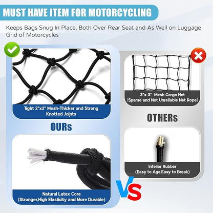 2 Pack 15"X15" Motorcycle Cargo Net Stretches to 30"x30", 2"x2" Tight Mesh,Total 20 Hooks, Cargo Nets for Motorcycle Luggage Bike Basket, Luggage Rack ATV Rack Snowmobile Cargo Helmet Net