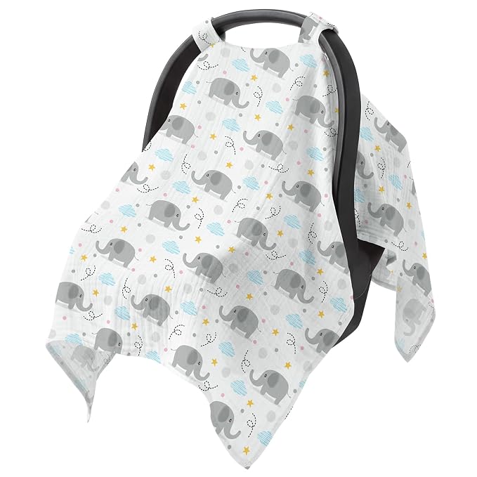 Baby Car Seat Cover - 100% Muslin Cotton Universal Breathable Canopies for Boys and Girls Soft Spring Summer Car Seat Cover Lightweight Infant Car Seat Canopy - Gray Elephants