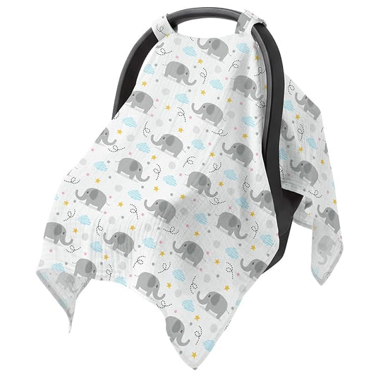 Baby Car Seat Cover - 100% Muslin Cotton Universal Breathable Canopies for Boys and Girls Soft Spring Summer Car Seat Cover Lightweight Infant Car Seat Canopy - Gray Elephants