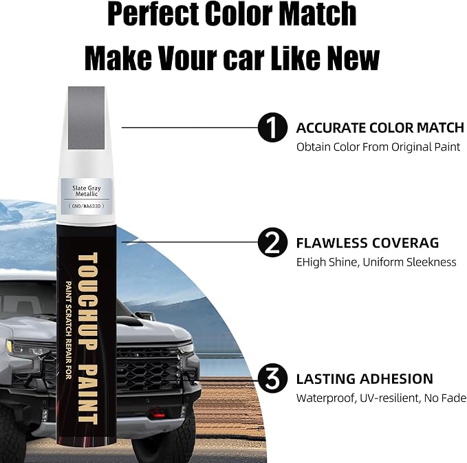 Slate Gray Metallic(GNO/WA633D) Car Paint Touch Up Pen for Chevy, 2-In-1 Color Accurate Touch Up Car Scratch Repair Paint Match Chevy Series Automotive Scratch Remover for Nicks & Chips Repair