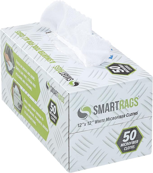 Arkwright Smart Rags Microfiber Cleaning Cloths, Pack of 50 in a Box, Lint Free 180 GSM Reusable Towels for Auto, Office and Household Cleaning, 12 x 12 in, White