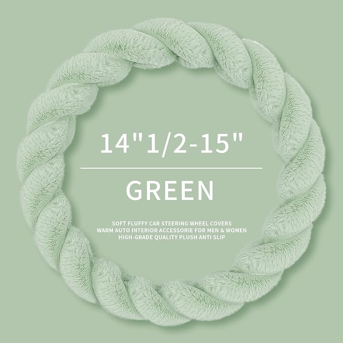 HighnessHwoo Luxury Fluffy Winter Car Steering Wheel Cover for Women Soft Warm Plush Cute Auto Accessories for Vehicle, Sedan, Universal, Fuzzy, Anti Slip, Green, Standard Size, 14.75-15.15"