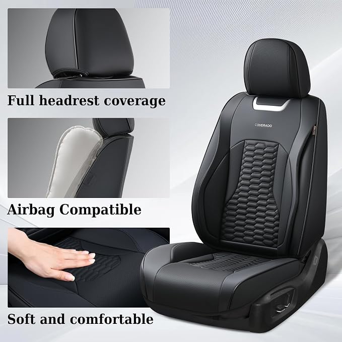 Coverado Seat Covers Front Seats, Luxury Leather Black Car Seat Cover, Waterproof Automotive Car Seat Covers Protector Interior Accessories Universal Fit Most Sedans, SUVs, Pick-up Trucks