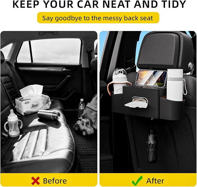 Back Seat Car Organizer with One Towel Leather Wood Materials Car Back Seat Storage Box 2 Drink Cup Holder Tissue Box for Hold Phone Drinks Handbag Compatible with Most Vehicles (Black)