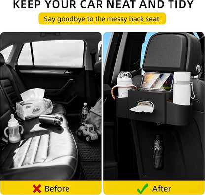 Back Seat Car Organizer with One Towel Leather Wood Materials Car Back Seat Storage Box 2 Drink Cup Holder Tissue Box for Hold Phone Drinks Handbag Compatible with Most Vehicles (Black)