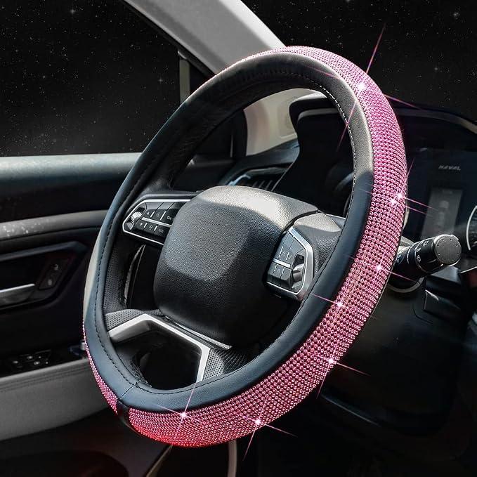 ChuLian New Diamond Leather Steering Wheel Cover with Bling Bling Crystal Rhinestones, Universal Fit 15 Inch Car Wheel Protector for Women Girls Pink Diamond