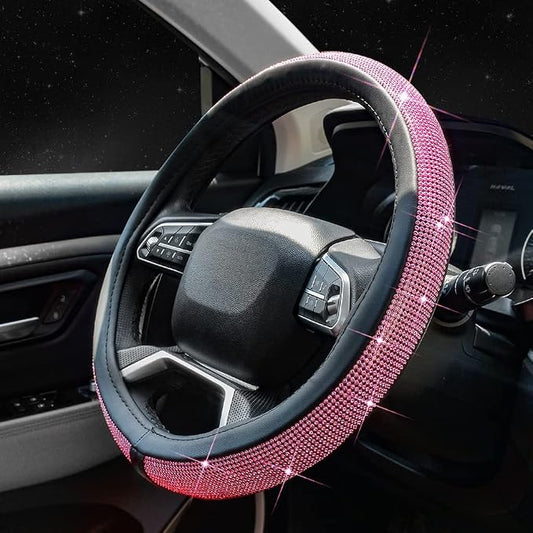 ChuLian New Diamond Leather Steering Wheel Cover with Bling Bling Crystal Rhinestones, Universal Fit 15 Inch Car Wheel Protector for Women Girls Pink Diamond
