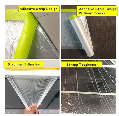 Pre-Taped Masking Film 2 Rolls 59" x 66' Automotive Painters Tape and Plastic Painting Film for Covering Cars Walls Windows and Floor Furniture Protection
