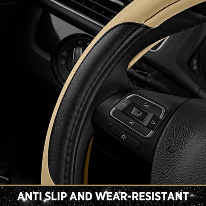 Road Comforts Leather Steering Wheel Cover - Made with PVC Leather - Anti-Slip, Universal Fit 14 1/2 inches to 15 inches - Beige