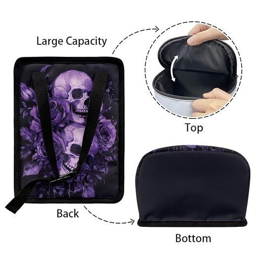 Purple Skull Roses Pattern Car Trash Can with Lid and Zipper Portable Foldable Trash Bin for Car Interior Accessories Multipurpose Garbage Can Bags Storage Organizer Halloween Decor