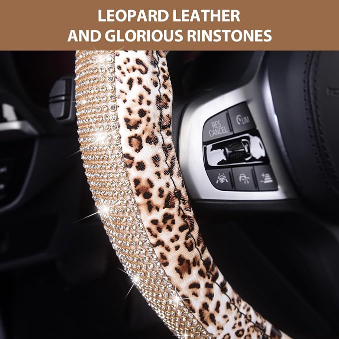 AUTOYOUTH Leopard Print Steering Wheel Cover - Bling Crystal Rhinestones Cheetah Print on PVC Leather Non-Slip Breathable Design for Women/Girls Universal Fit 14.5-15 Inch