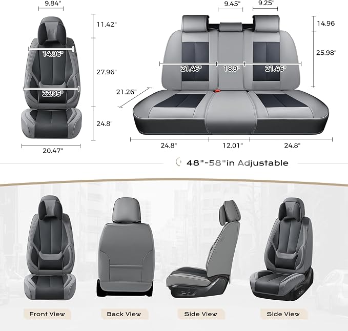 Coverado Seat Covers Full Set, 5 Seats Seat Covers for Cars, Waterproof Nappa Leather Car Seat Covers with Head Pillow, Seat Protectors Car Seat Cushion Universal Fit for Most Cars (Gray&Black)