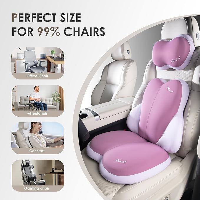 FLORICH 3 PCS Seat Cushion for Carseat Lumbar Support Pillow Car Neck Headrest Pillows Ultrathick Memory Foam Seat Pads Pressure Relief Back Cushion for Office Chair(Purple)