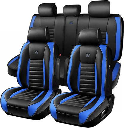 CAR PASS Nappa Leather Car Seat Covers Full Set, Luxury Seat Protector for Cars, Waterproof Anti-Slip Seat Cushion Armrest Compatible Airbag Universal for Sedan SUV Pick-up Truck Auto, Black Blue
