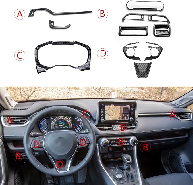 x xotic tech Set Carbon Fiber Style Interior Dashboard Instrument Air Vent Multifunction AC Switch Button Glove Box Handle Accessories Cover Trim Combo Kit, Compatible with Toyota Rav4 2019-2021