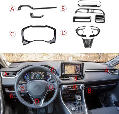 x xotic tech Set Carbon Fiber Style Interior Dashboard Instrument Air Vent Multifunction AC Switch Button Glove Box Handle Accessories Cover Trim Combo Kit, Compatible with Toyota Rav4 2019-2021