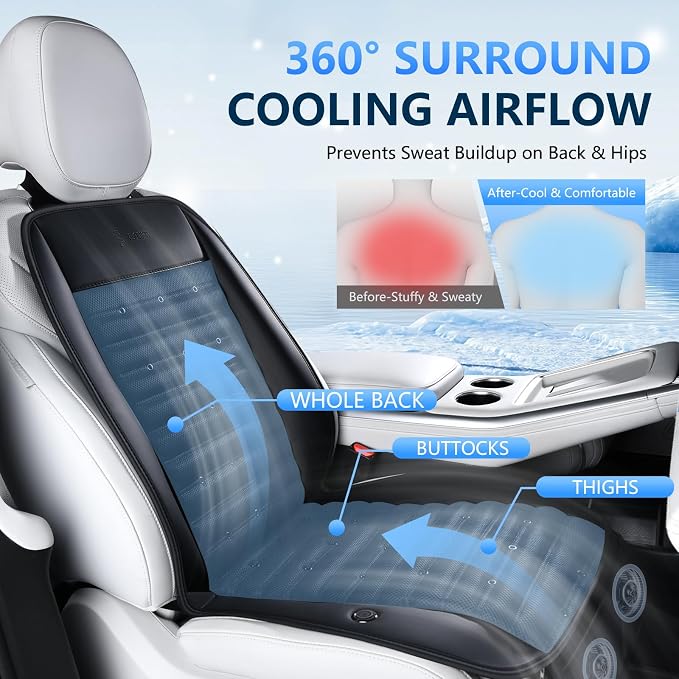 FLORICH Cooling Car Seat Cover with 2 Powerful Turbo Fans Ventilated Seat Cushion 3-Speed Adjustable 12V-24V Breathable Cooling Car Seat Pad for Summer Driving Universal Fit for Car SUV Truck Van