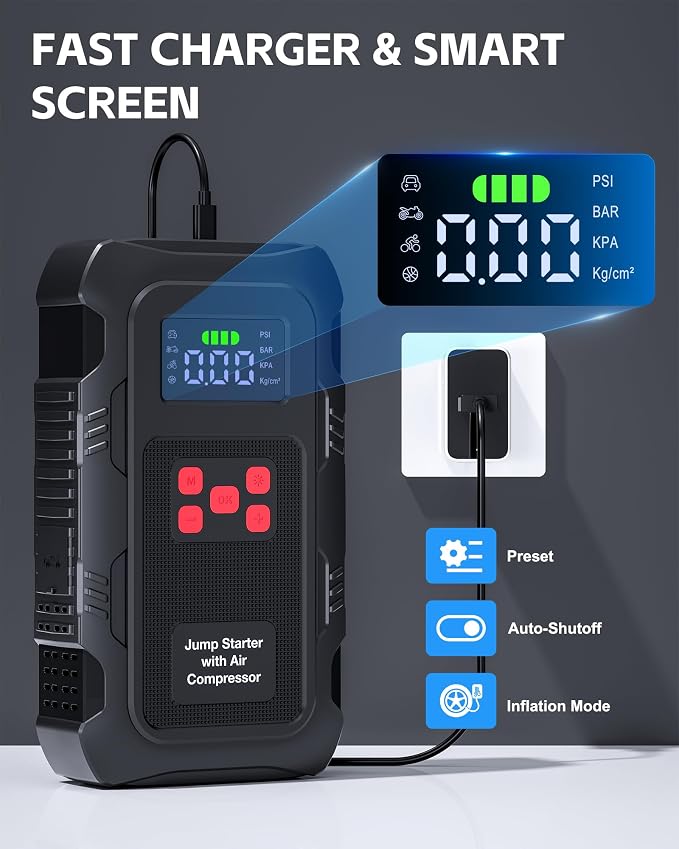 5000A Jump Starter with Air Compressor, Portable Car Battery Jump Starter with 150 PSI Tire Inflator for Up to 10.0L Gas and 8.0L Diesel Engines, 12V Jump Box with LCD Display