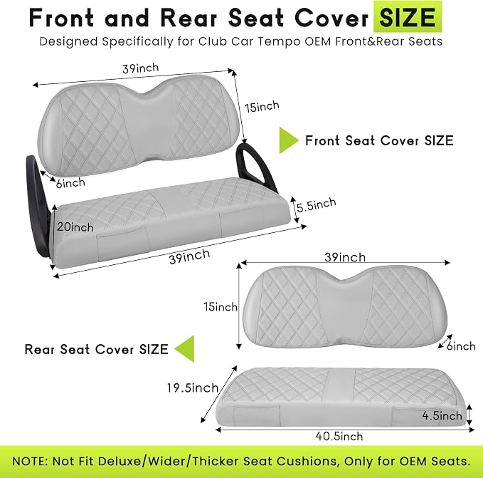 Full Set Golf Cart Seat Covers for Club Car Tempo OEM, Grey | Front & Rear Set (2-Piece), Premium Vinyl Leather Replacement Standard Cushion Covers, No Tools Needed & Easy to Clean