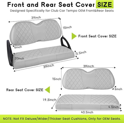 Full Set Golf Cart Seat Covers for Club Car Tempo OEM, Grey | Front & Rear Set (2-Piece), Premium Vinyl Leather Replacement Standard Cushion Covers, No Tools Needed & Easy to Clean