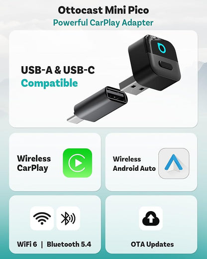 OTTOCAST Mini Pico Wireless CarPlay & Android Auto Adapter – WiFi 6 + Bluetooth 5.4, Plug & Play, Fast Auto-Reconnect, Ultra-Compact Design, Works with Factory Wired CarPlay Cars