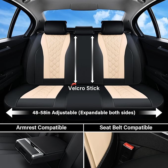 Coverado Car Seat Covers, Seat Covers Full Set, Black Beige Car Seat Cover, Perforated Diamond Leather Seat Covers for Cars, Luxury Car Seat Cushion, Auto Seat Covers Universal Fit Most Cars