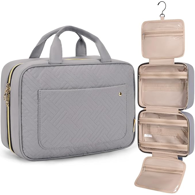 BAGSMART Toiletry Bag Travel Bag with Hanging Hook, Water-resistant Makeup Cosmetic Bag Travel Organizer for Accessories, Shampoo, Full Sized Container, Toiletries (Medium-Grey)