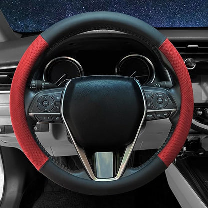 Steering Wheel Cover Standard Size 14.5-15 inch, Non-Slip Car Wheel Cover Protector, Non-Folding Packaging, Microfiber Leather, Black and Red