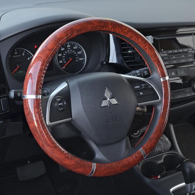 BDK Dark Wood Grain Car Steering Wheel Cover, Standard 15 inch Size, Made to Fit Most Auto Truck Van SUV