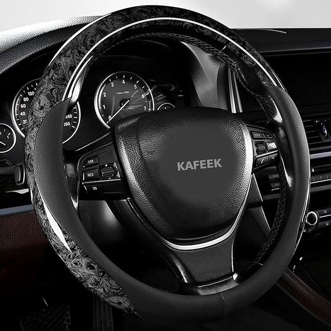 KAFEEK Wood Grain Steering Wheel Cover Microfiber Leather Universal 14 1/2-15 inch, Car Steering Wheel Cover Men Women, Comfortable, Anti-Slip, Odorless, Black
