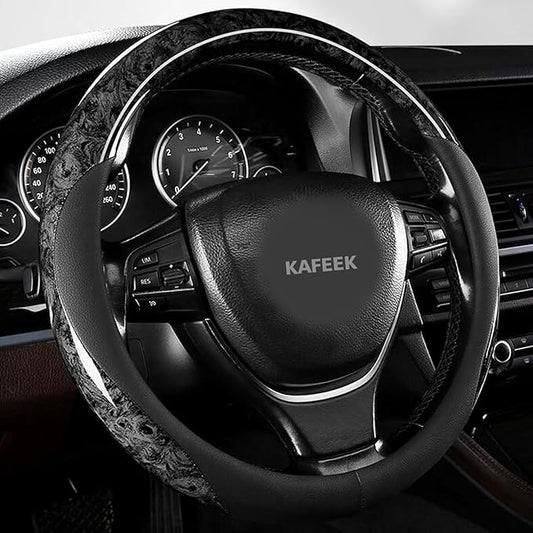 KAFEEK Wood Grain Steering Wheel Cover Microfiber Leather Universal 14 1/2-15 inch, Car Steering Wheel Cover Men Women, Comfortable, Anti-Slip, Odorless, Black