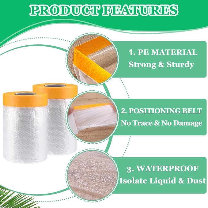 10 Pack Tape and Drape, 5x65.6 Ft Pre-Taped Masking Film for Auto Painting Covering, Plastic Pre-Adhesived Dust Paint Protective Drop Film for Furniture, Car, Floor