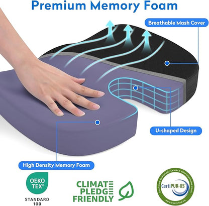 CushZone Seat Cushion - Memory Foam Office Chair Cushion for Sciatica, Tailbone & Back Pain Relief - Orthopedic Coccyx Pillow for Car, Airplane, Pregnancy & Long Sitting at Work, Black